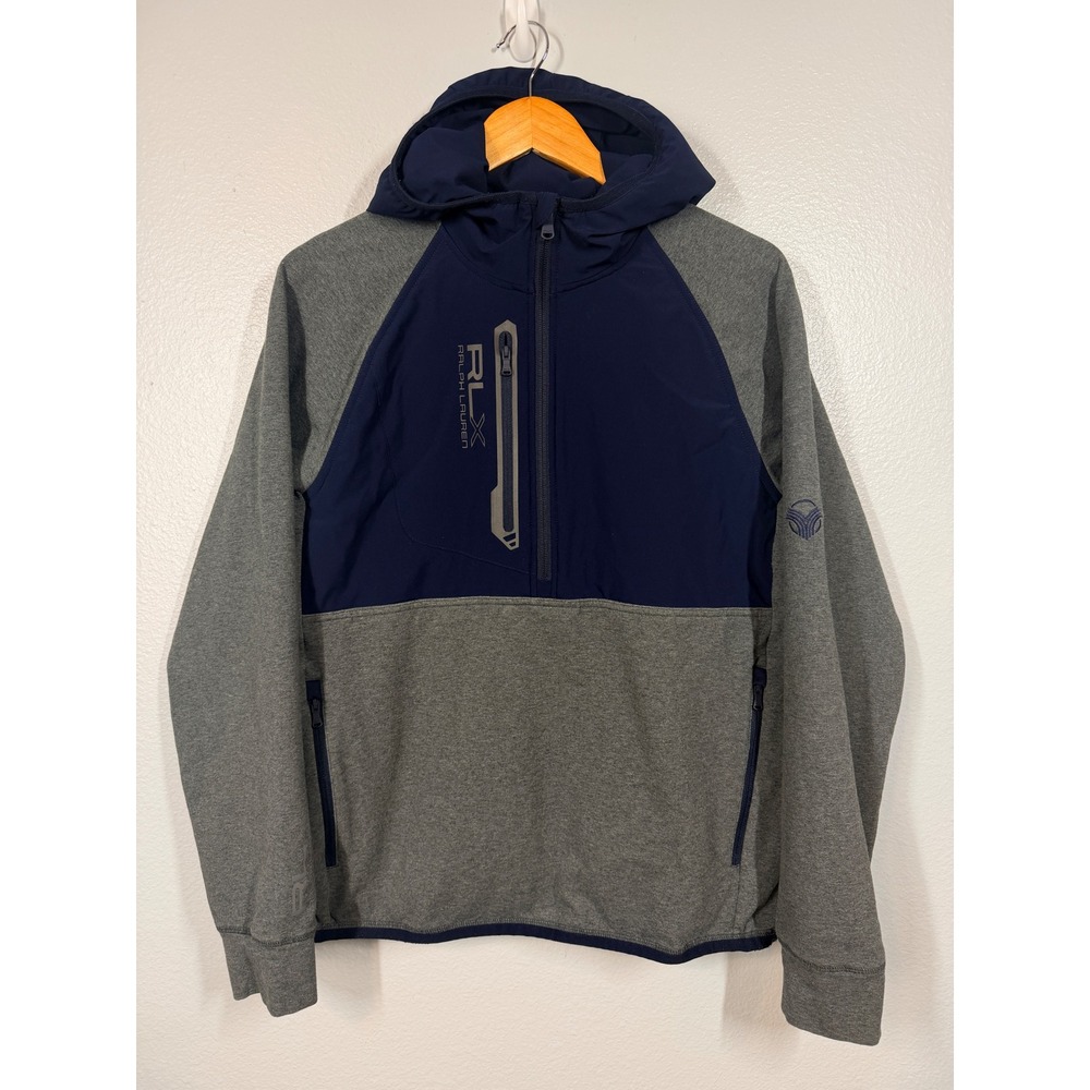 RLX Ralph Lauren Hoodie Men M Gray Navy Blue Pullover Quarter Zip Tech Fleece